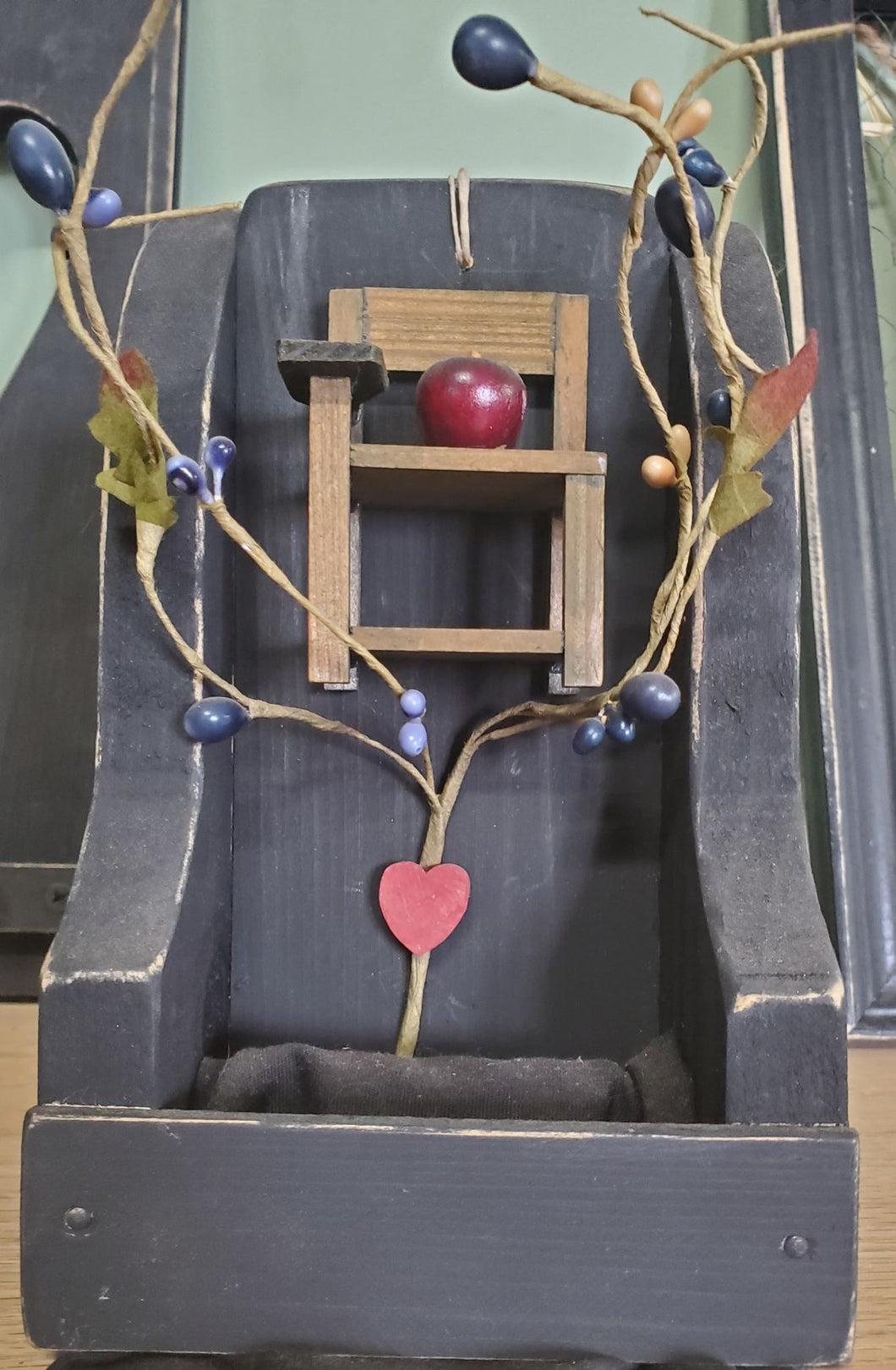 Black wooden small wall hanging  towel holder decorated with chair/berries